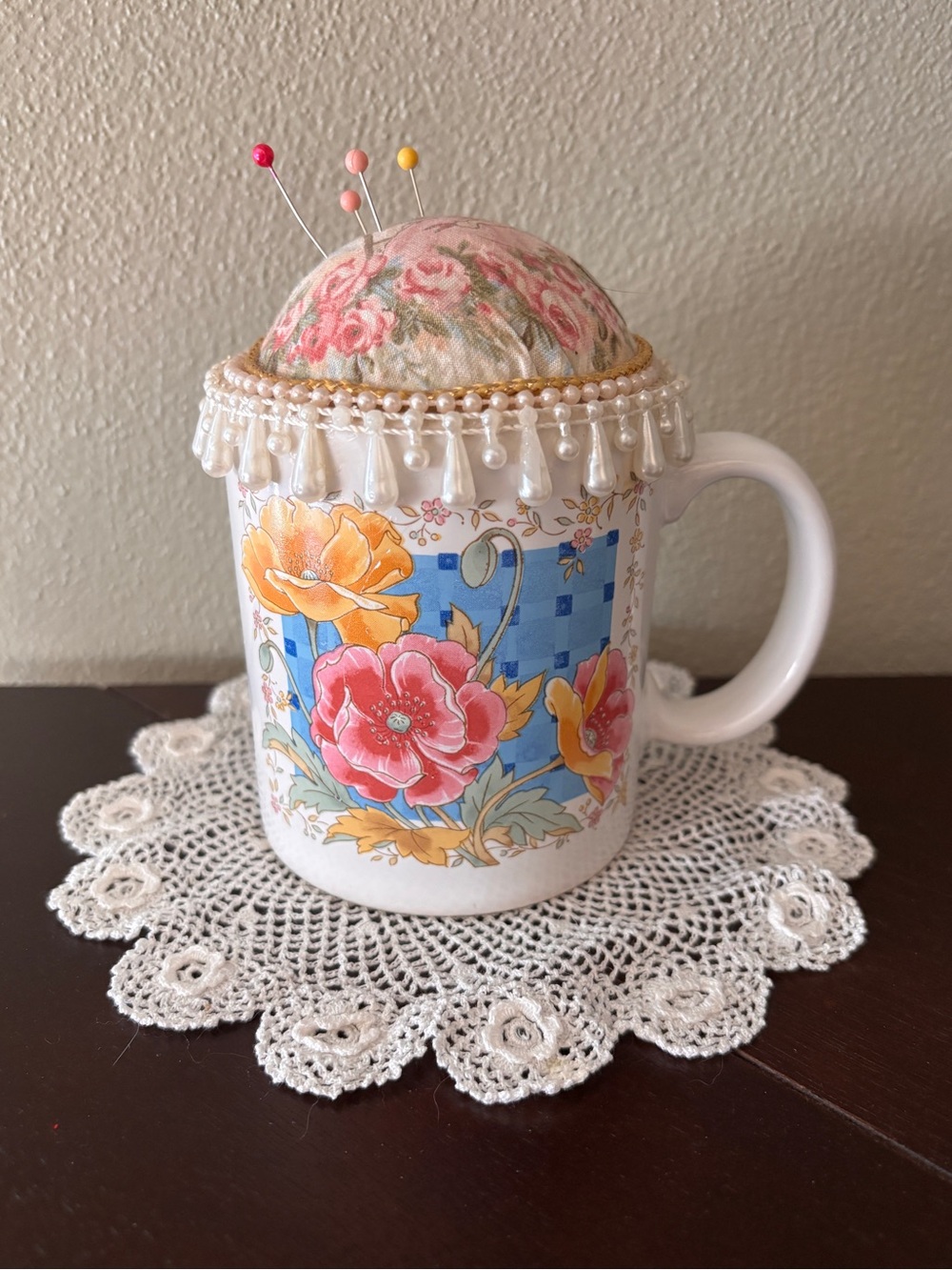 Vintage Coffee Cup Pincushion Repurposed Sewing Upcycled